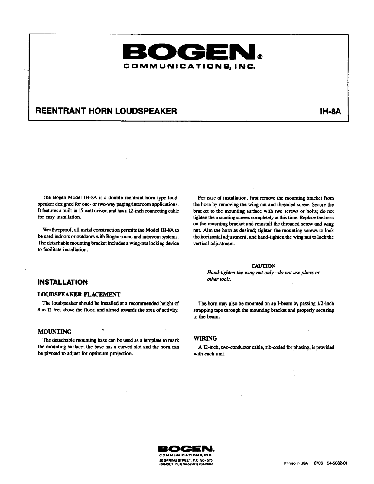 Bogen IH8A Service Manual