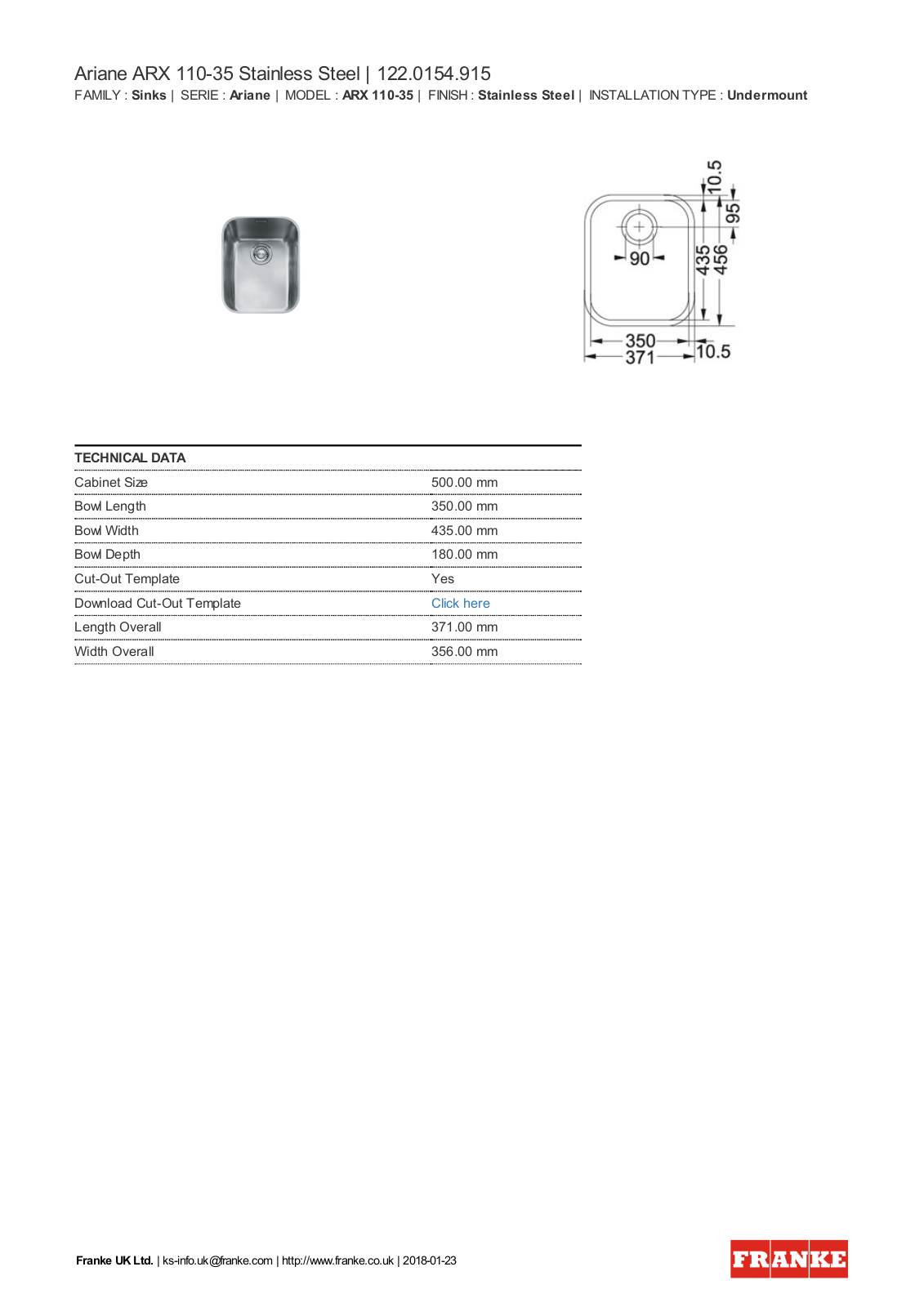 Franke ARX11035 Product Sheet