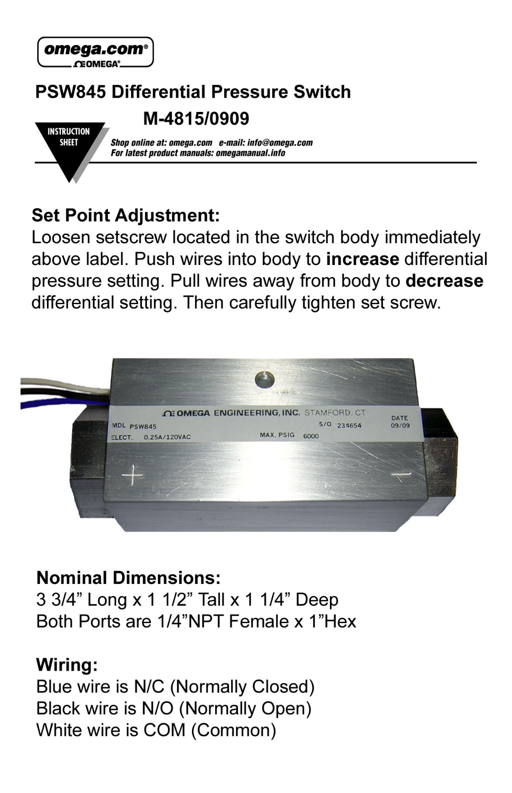 Omega Products PSW845 Installation  Manual