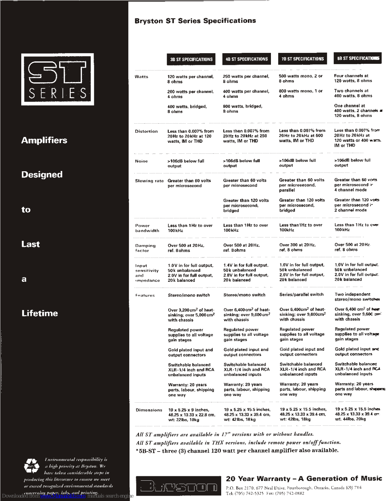 Bryston ST Series 3B ST, ST Series 4B ST, ST Series 7B ST, ST Series 8B ST, 3B ST Specifications