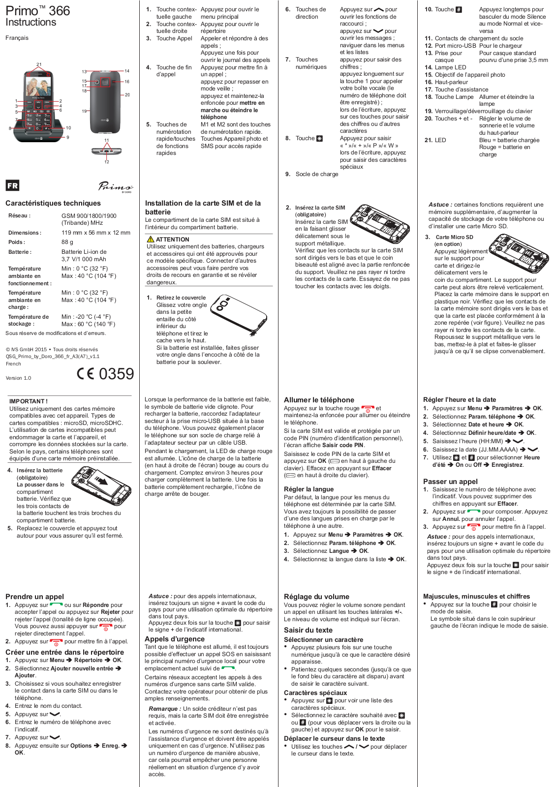 DORO 366 Guide de mise en route