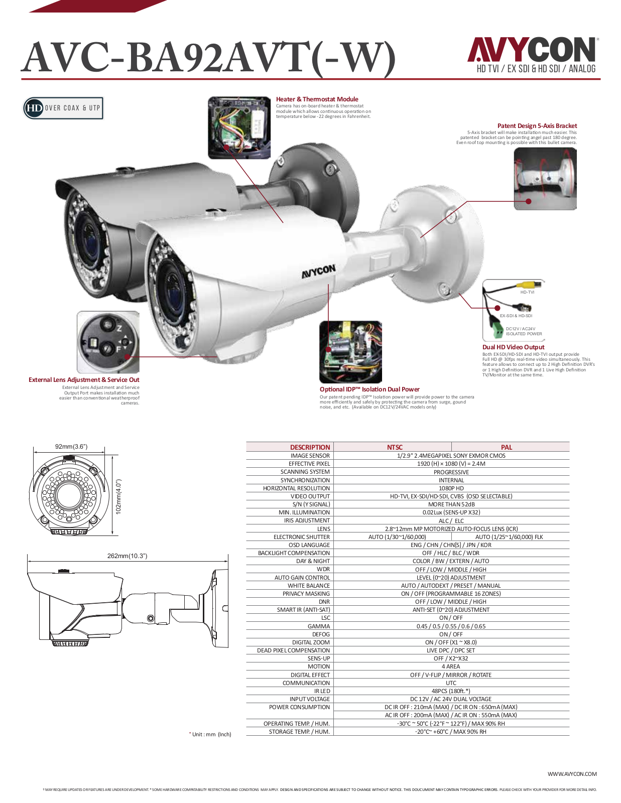 Avycon AVC-BA92AVT Specsheet