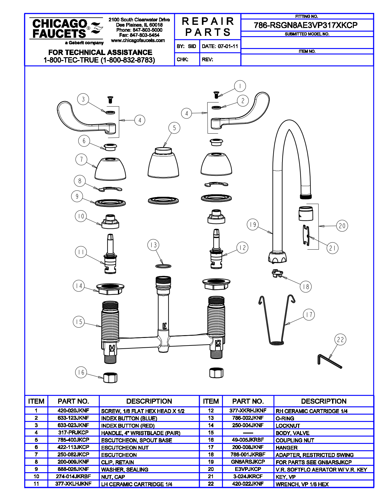 Chicago Faucet 786-RSGN8AE3VP317XK Parts List