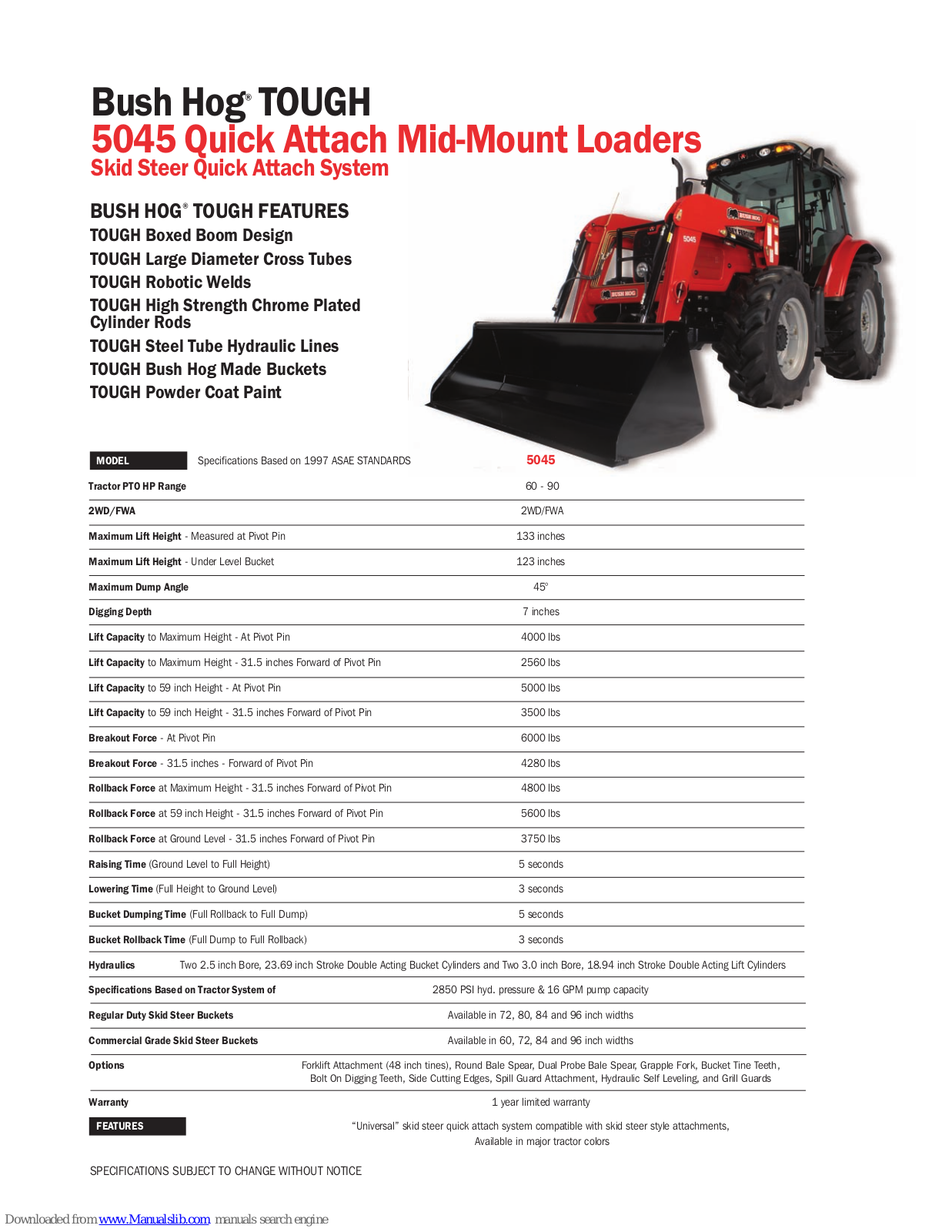 Bush Hog Mid-Mount Loaders 5045, TOUGH 5045 Specifications