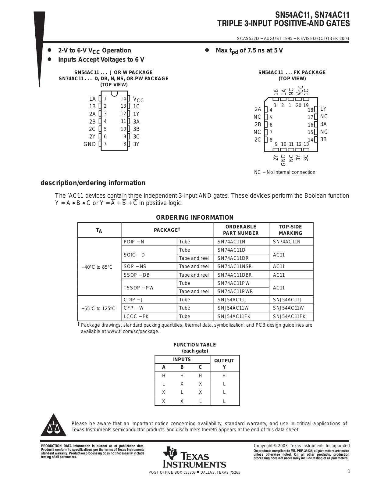 TEXAS INSTRUMENTS SN54AC11 Technical data