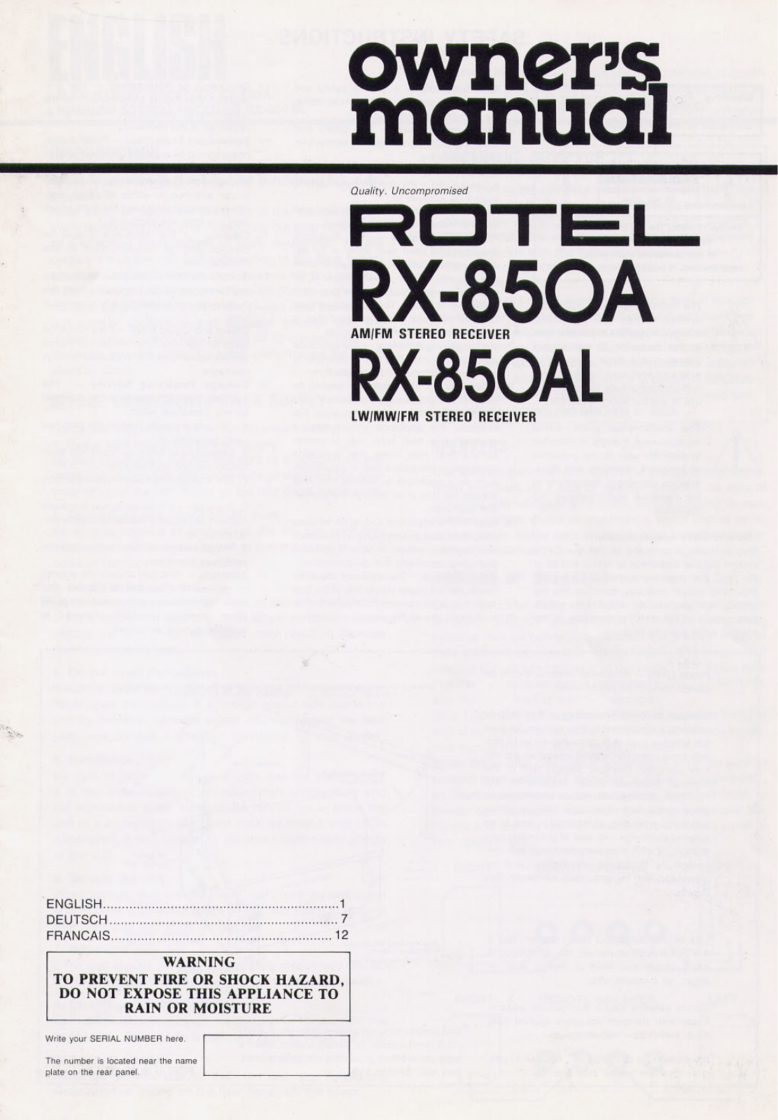 Rotel RX-850-A Owners manual