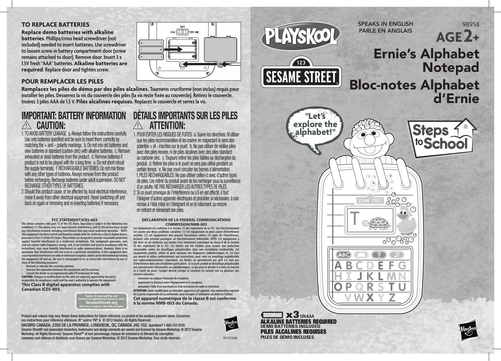 HASBRO SESAME STREET ERNIES ALPHABET NOTEPAD User Manual
