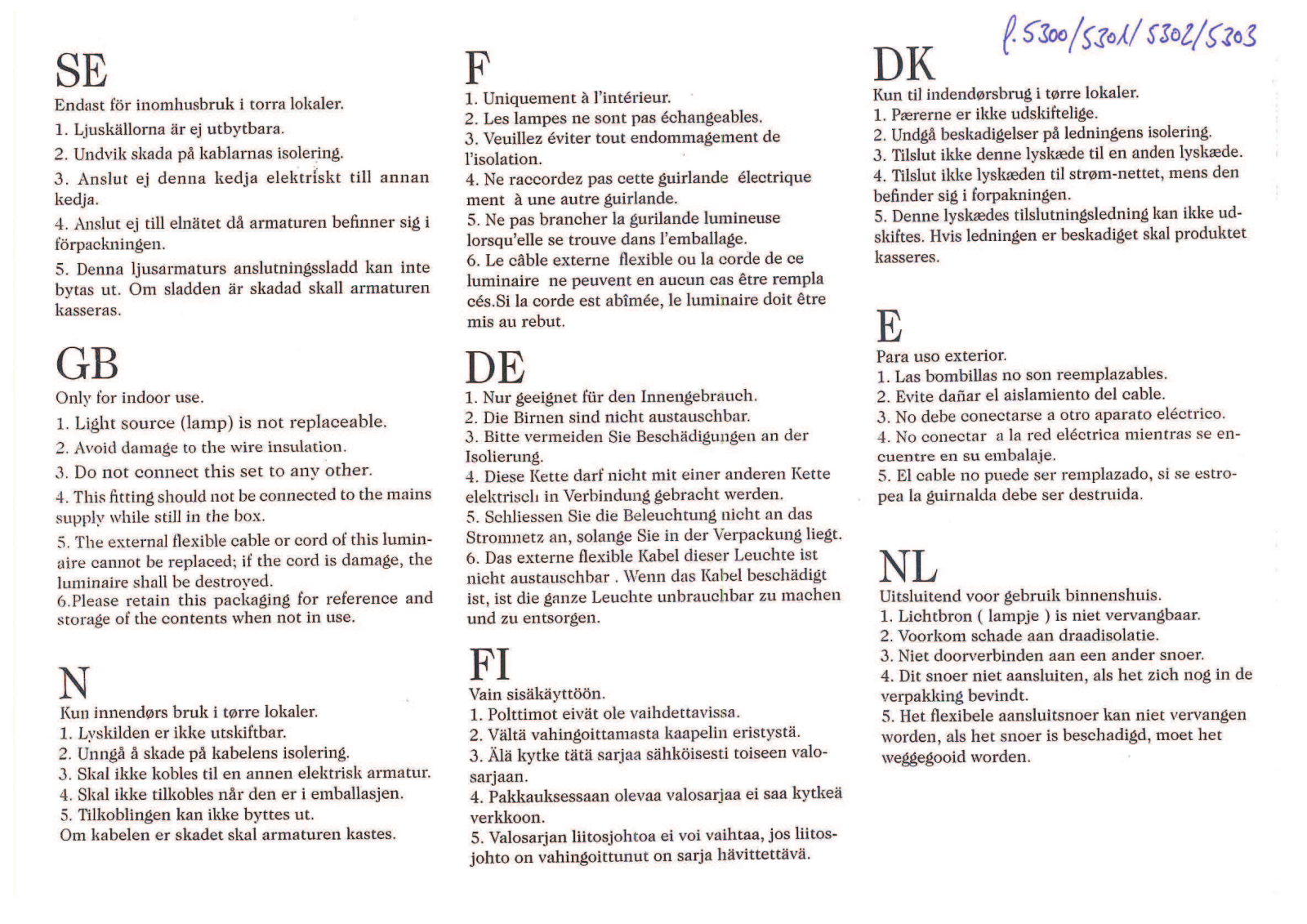 Konstsmide 5301, 5302, 5303 Technical Information