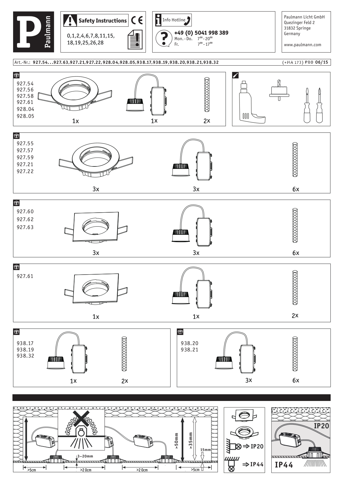 Paulmann 927.54, 927.55, 927.56, 927.57, 927.58 Safety instructions