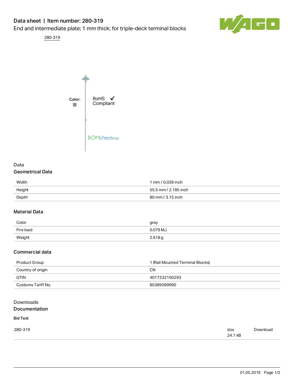 Wago 280-319 Data Sheet