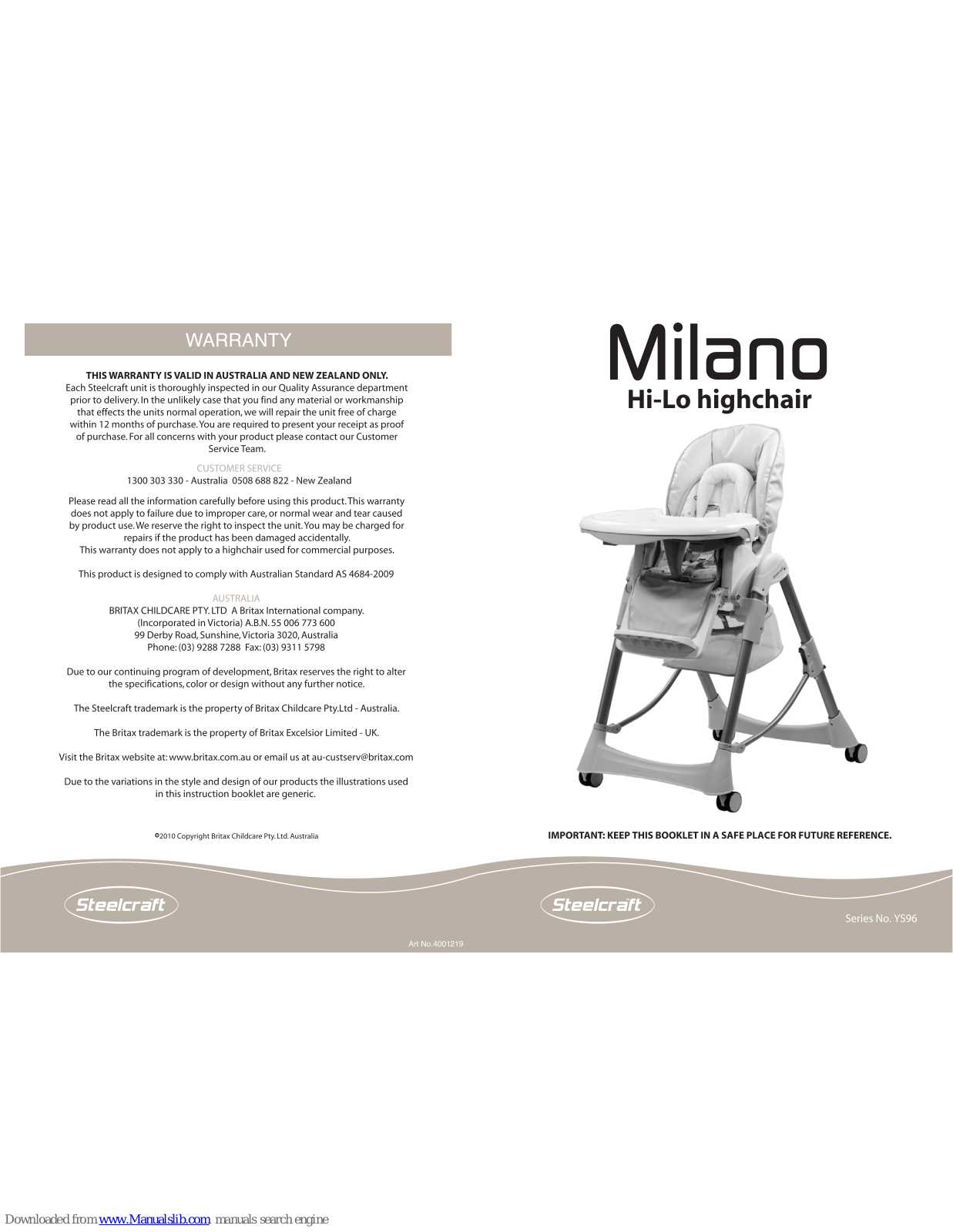 Steelcraft Milano Hi-Lo Highchair Instruction Manual