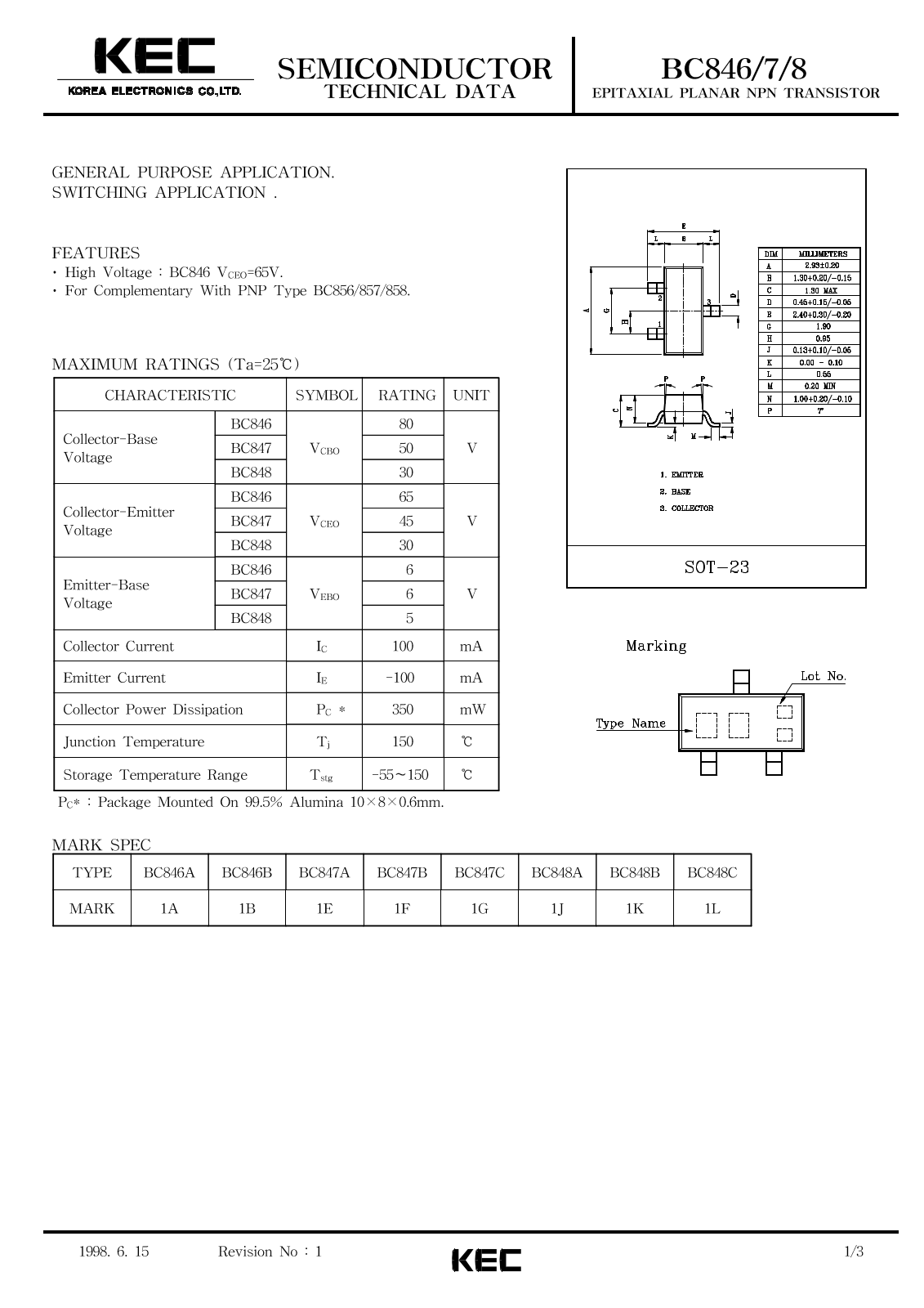 Korea Electronics Co  Ltd BC848C, BC848A, BC847C, BC848B, BC847B Datasheet