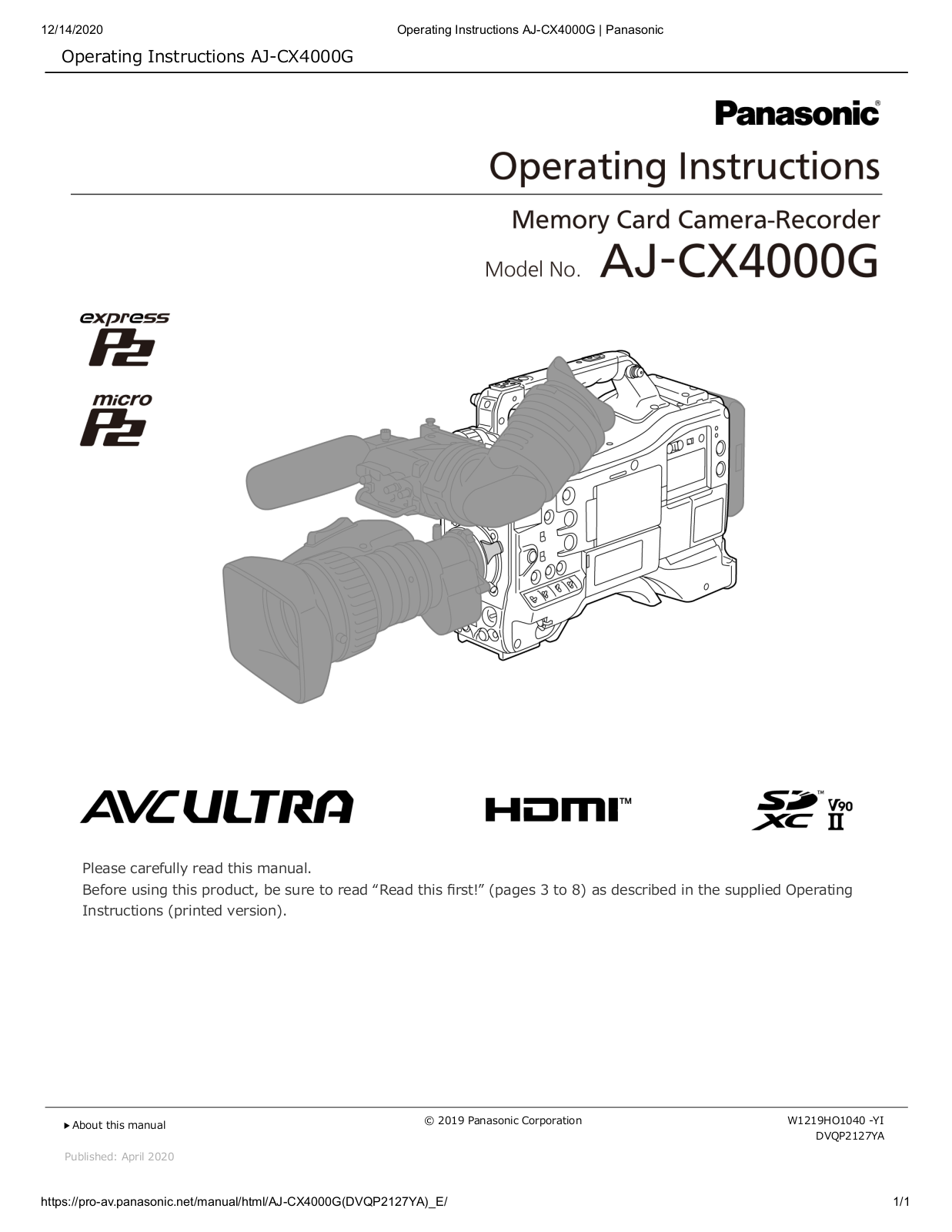 Panasonic AJ-CX4000G Operating Instructions