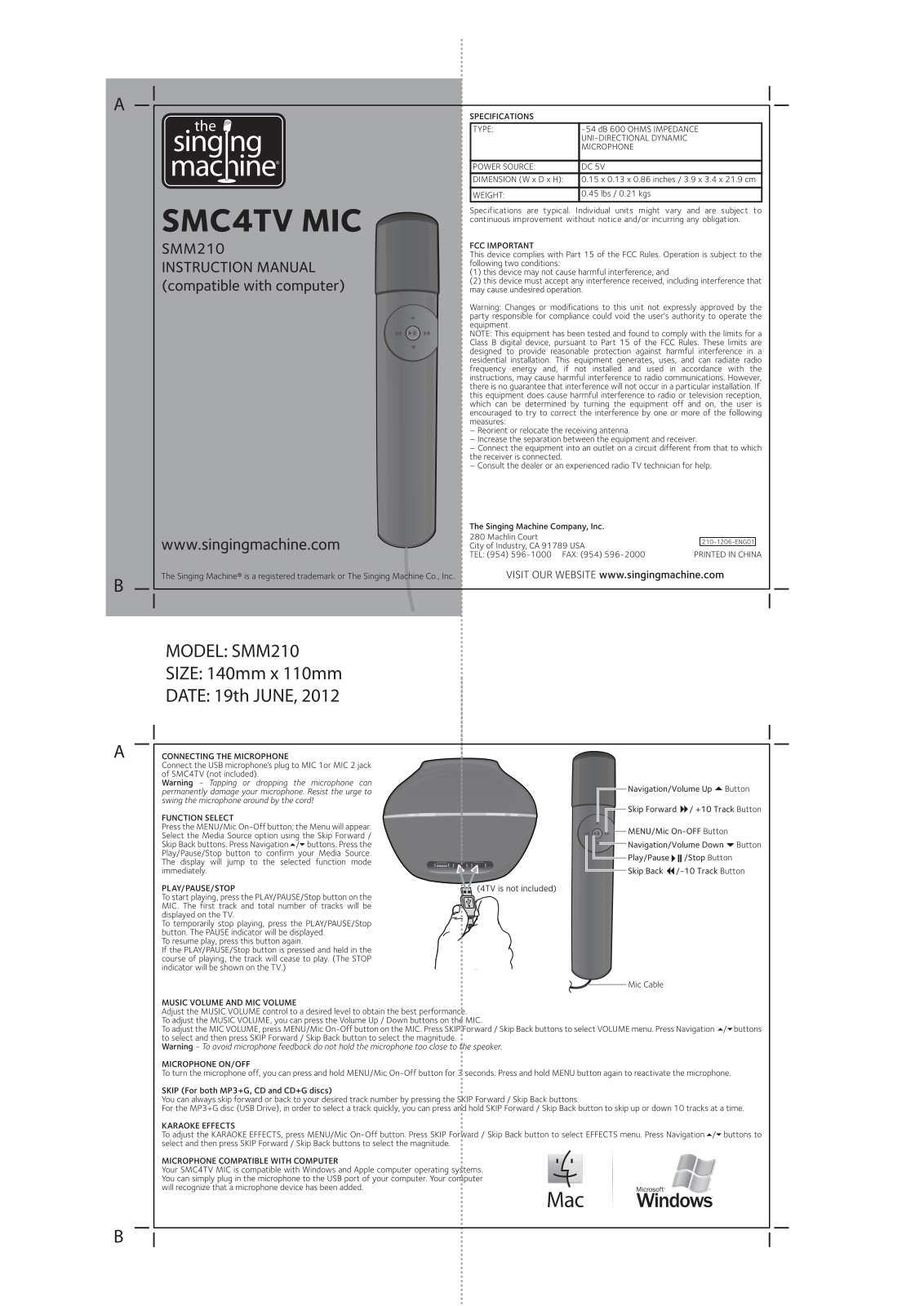 The Singing Machine SMC4TV Mic, SMM210 User Manual