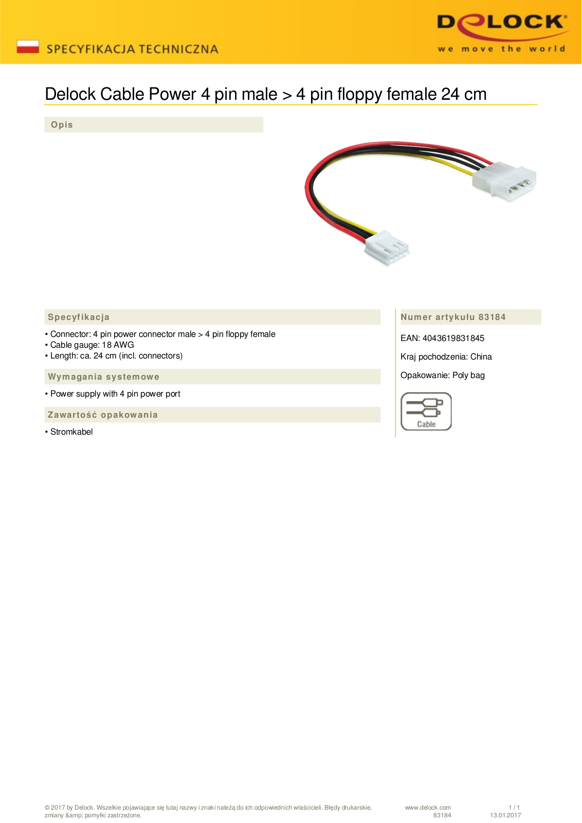 DeLOCK power cable molex 4-Pin plug on Floppy 4-Pin socket, 0.24m User Manual