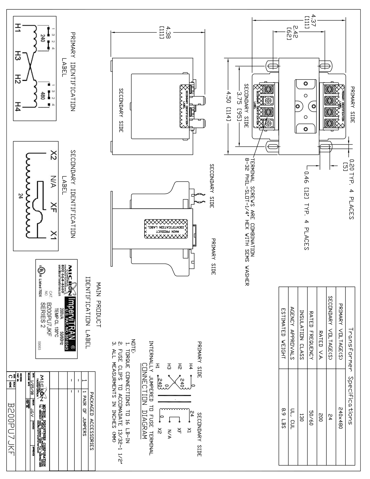 Micron Industries B200PU7JKF Specification Sheet