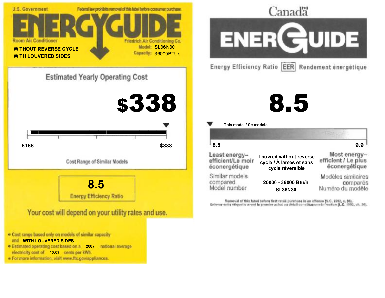 Friedrich SL36N30B Energy Guide