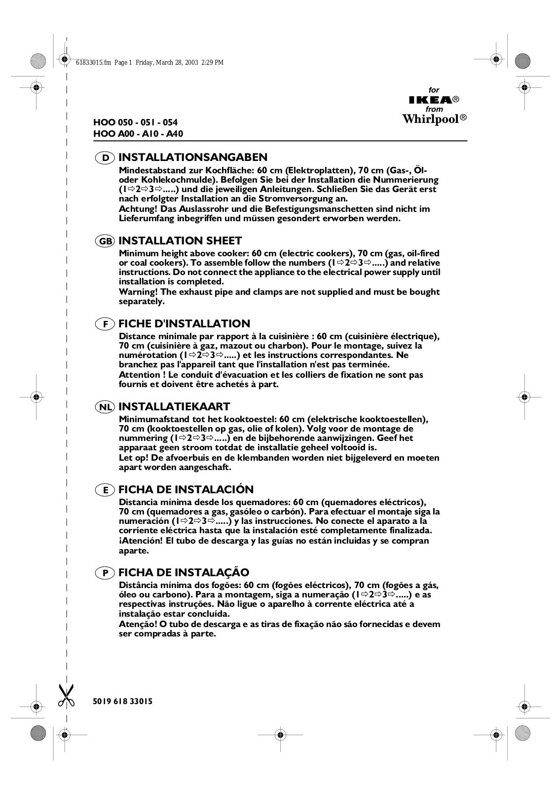 Whirlpool HOO 050, HOO051, HOO054, HOO A00, HOOA10 Installation sheet