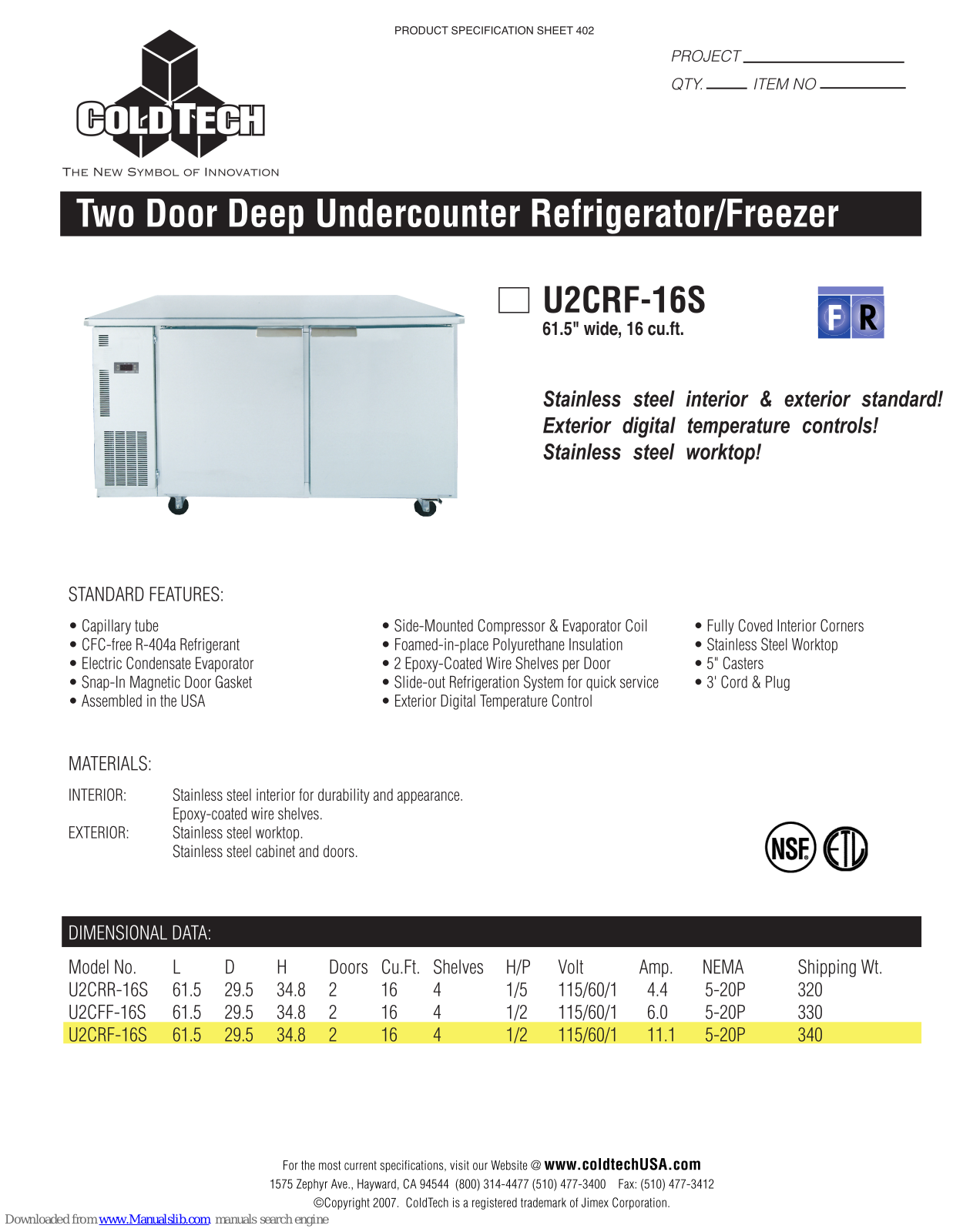 ColdTech U2CRF-16S Specifications - ManualMachine.com