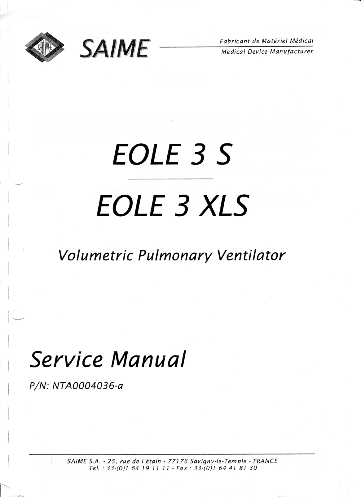 Saime EOLE 3 XLS, EOLE 3 S Service Manual