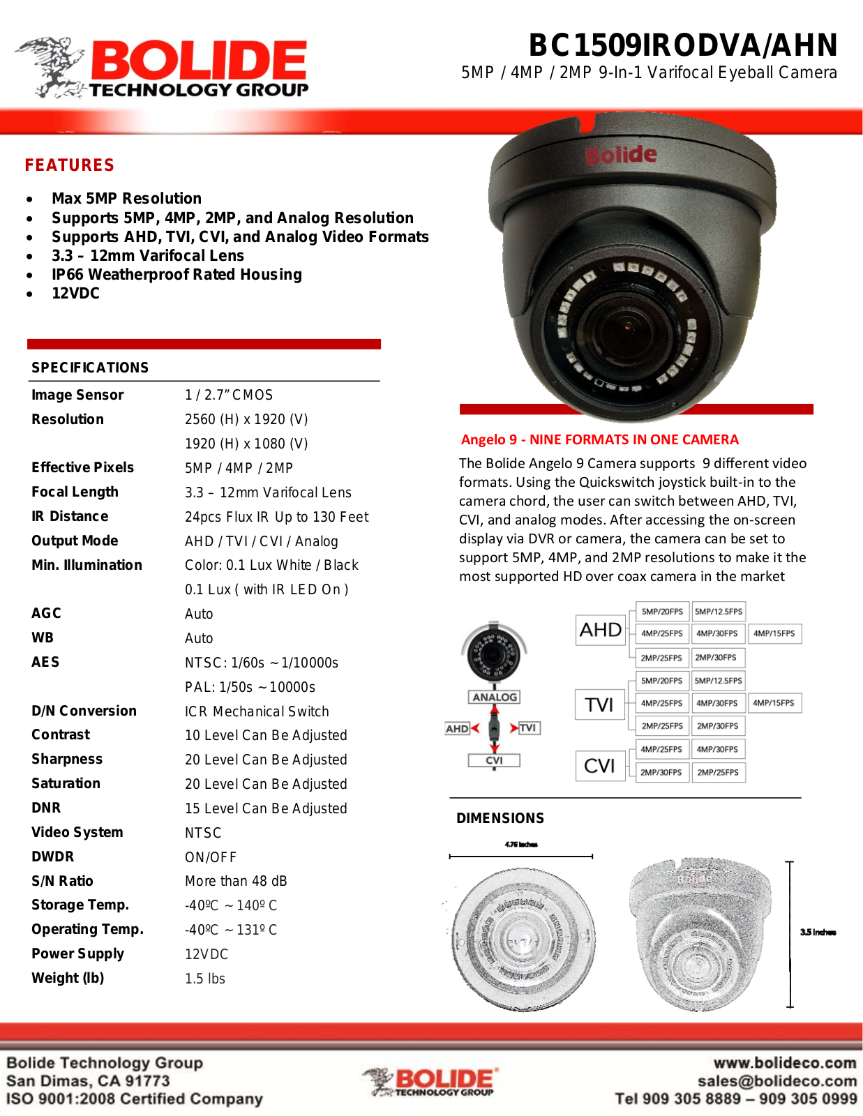 Bolide BC1509IRODVA-AHN, BC1509IRODVA-AHNW Specsheet