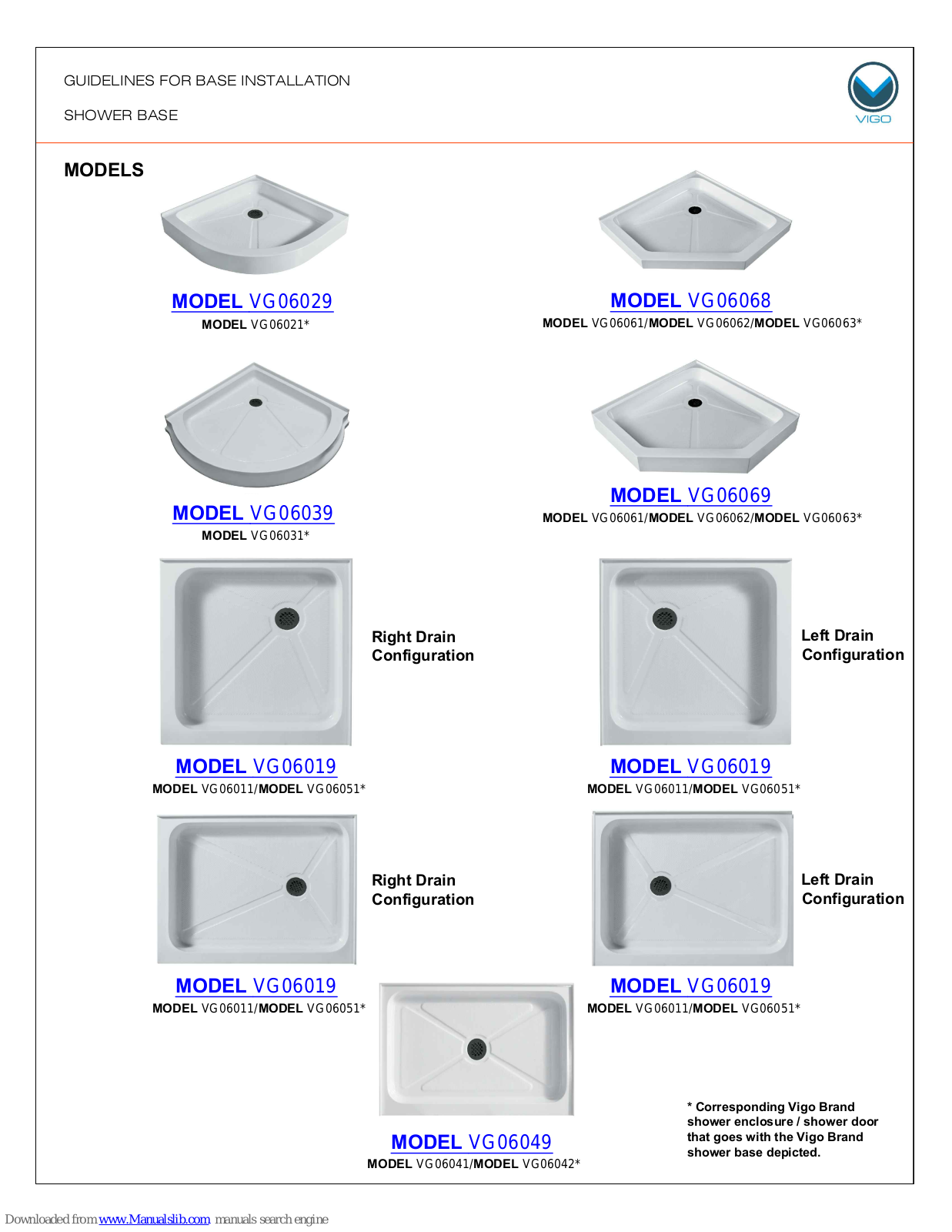 VIGO VG06049XXX6030C, VG06049XXX4832C, VG06029XXX40, VG06049XXX4836C, VG06049XXX6032C Installation Manual