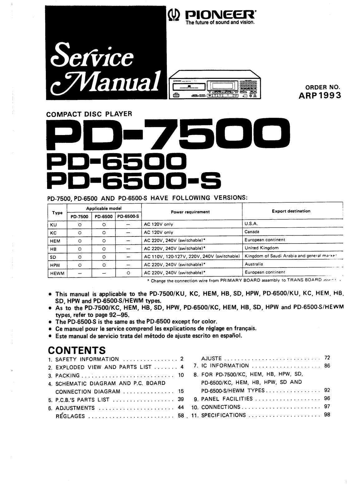 Pioneer PD-6500, PD-6500-S, PD-7500 Service manual