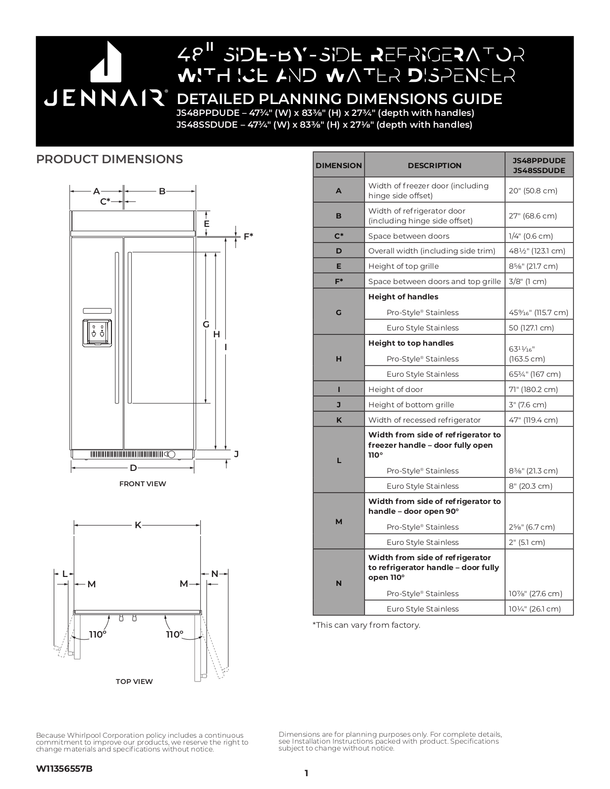 JennAir JS48PPDUDE, JS48SSDUDE Dimensions Guide