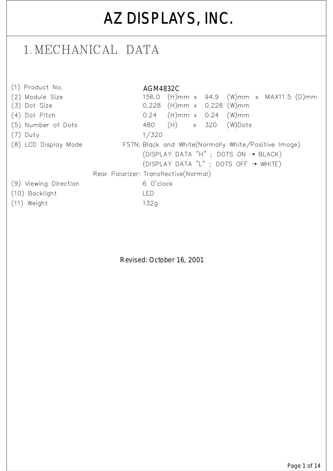 AZDIS AGM4832C-FL-FBW-T, AGM4832C-FL-FBH-T Datasheet