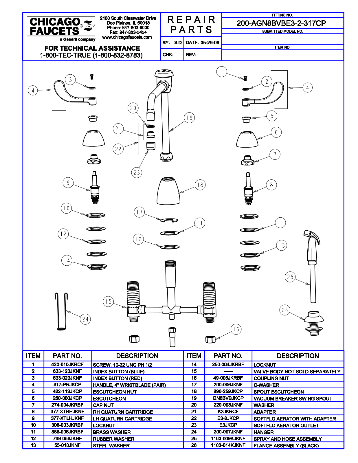 Chicago Faucet 200-AGN8BVBE3-2-317 Parts List