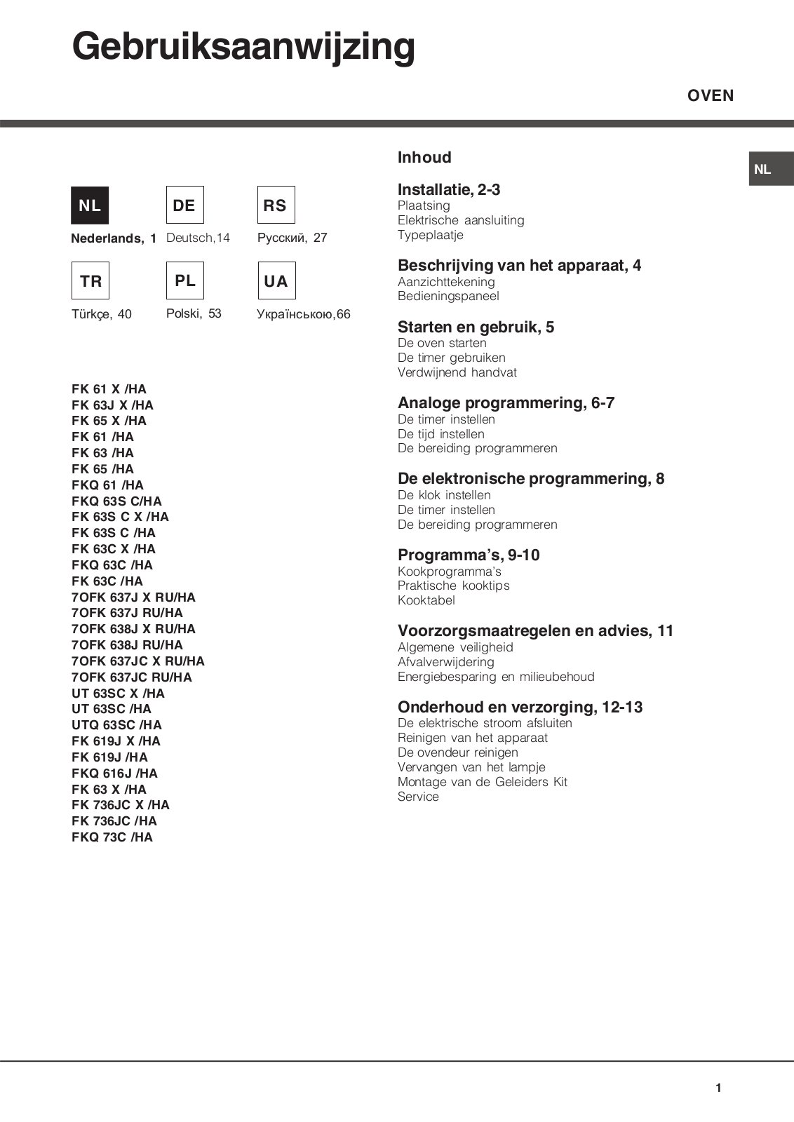 Hotpoint Ariston FK 61 X/HA, FK 61, FK 63J X/HA User Manual