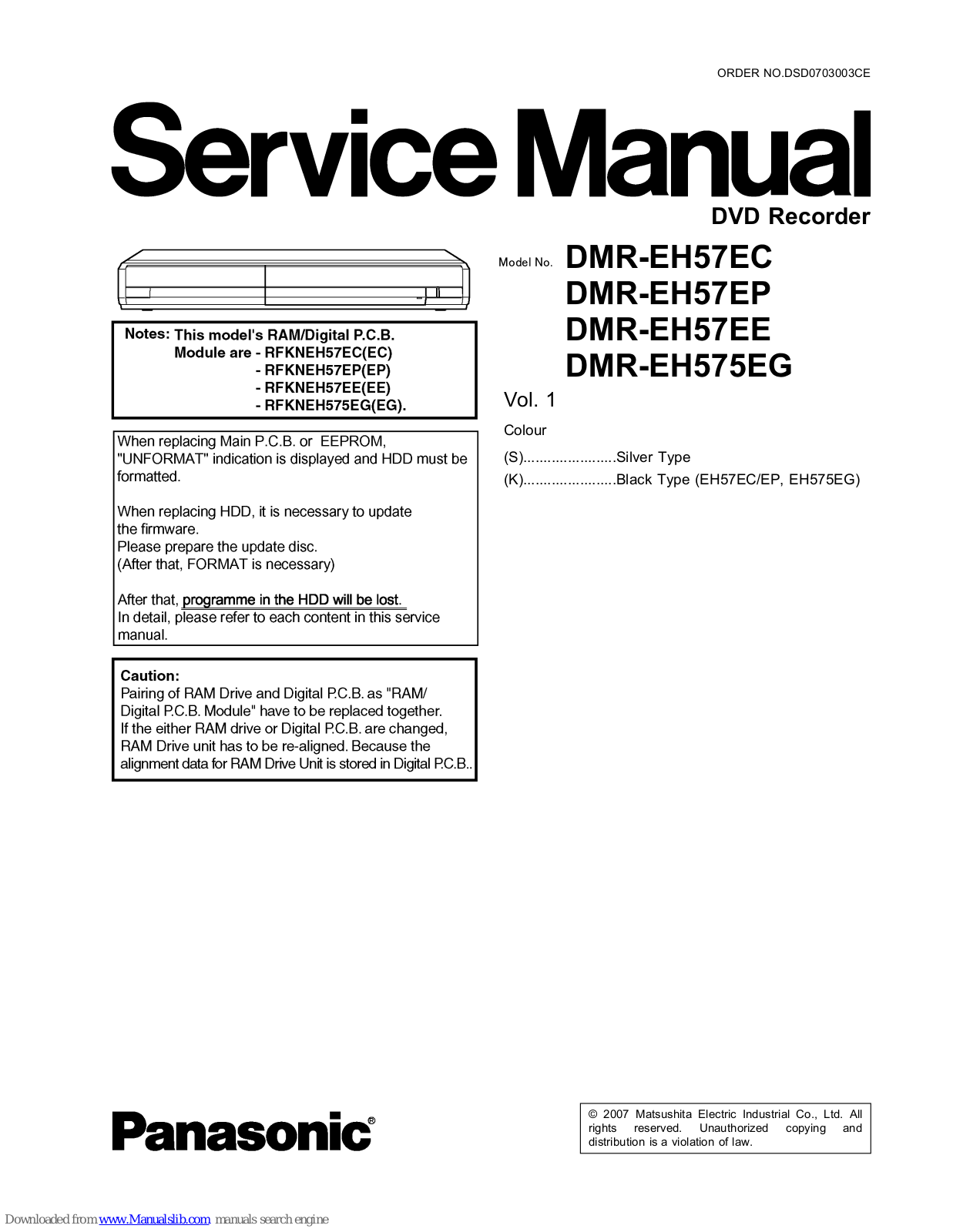 PANASONIC DMR-EH57EG, DMR-EH57EP, DMR-EH57EE, DMR-EH57EC Service Manual