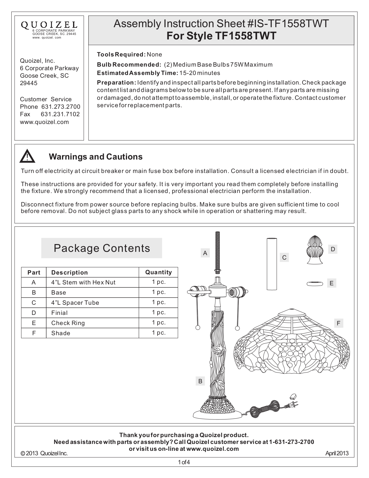 Quoizel TF1558TWT User Manual