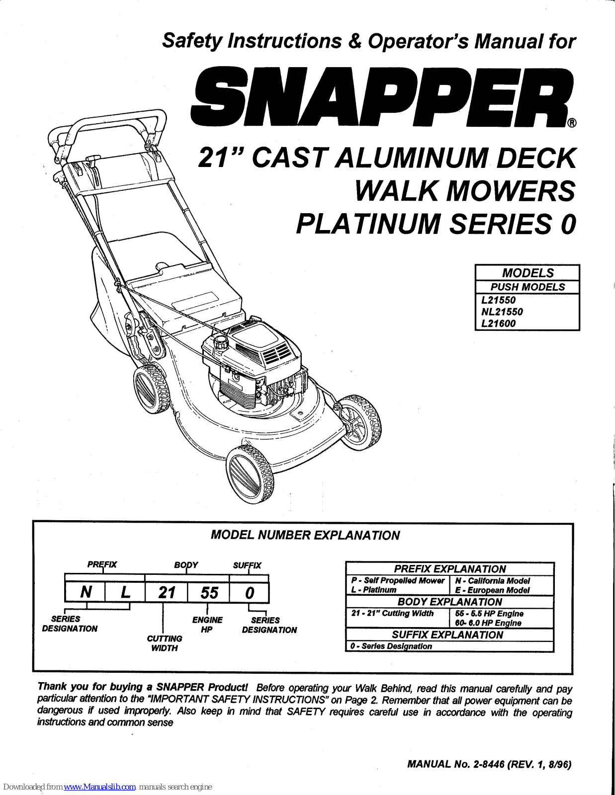 Snapper L21600,L21550,NL21550 Safety Instructions & Operator's Manual