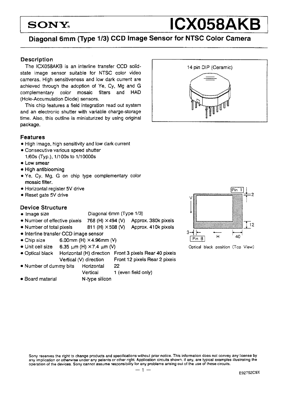 Sony ICX058AKB Datasheet