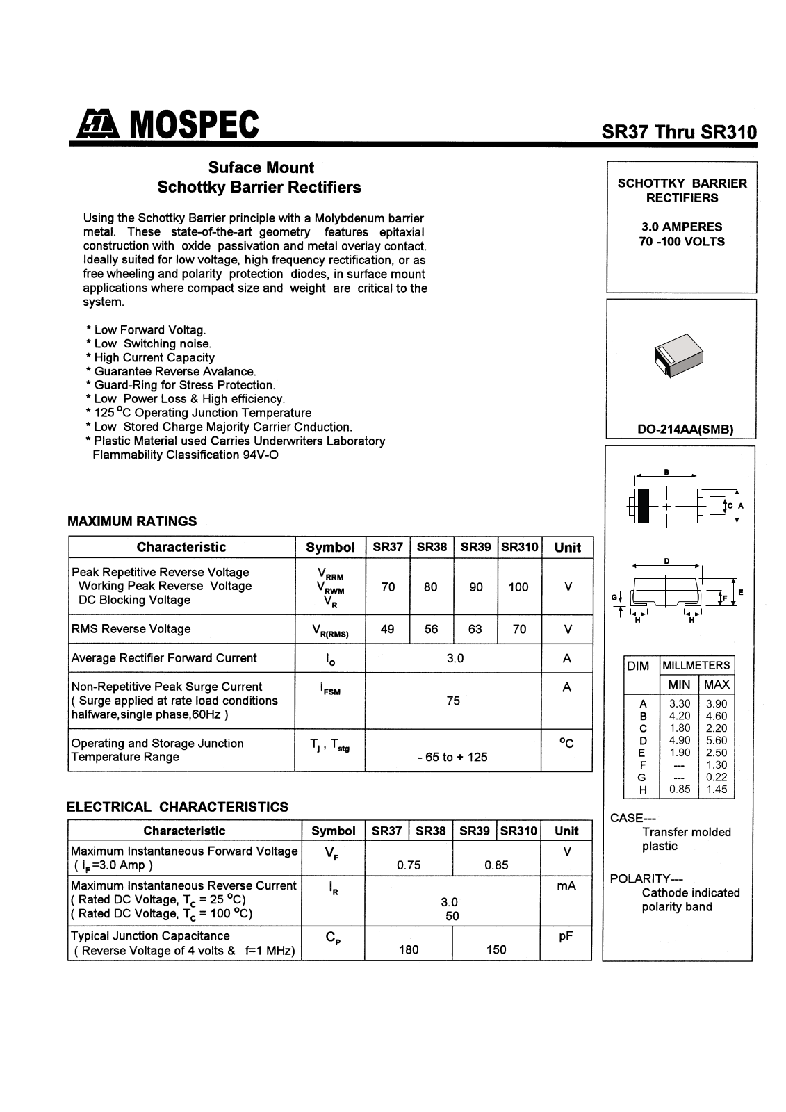 MOSPEC SR38, SR39, SR37, SR310 Datasheet