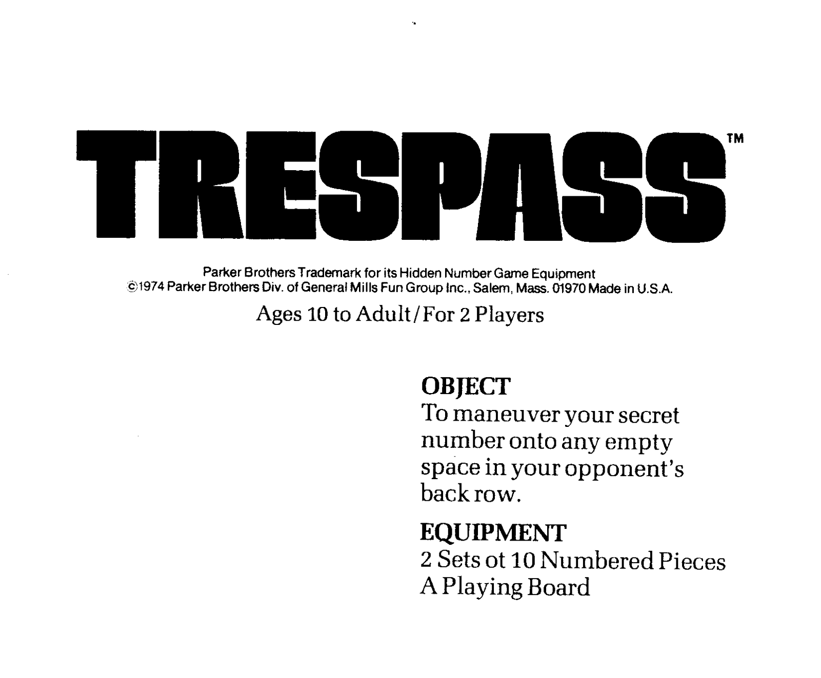 Hasbro TRESPASS User Manual