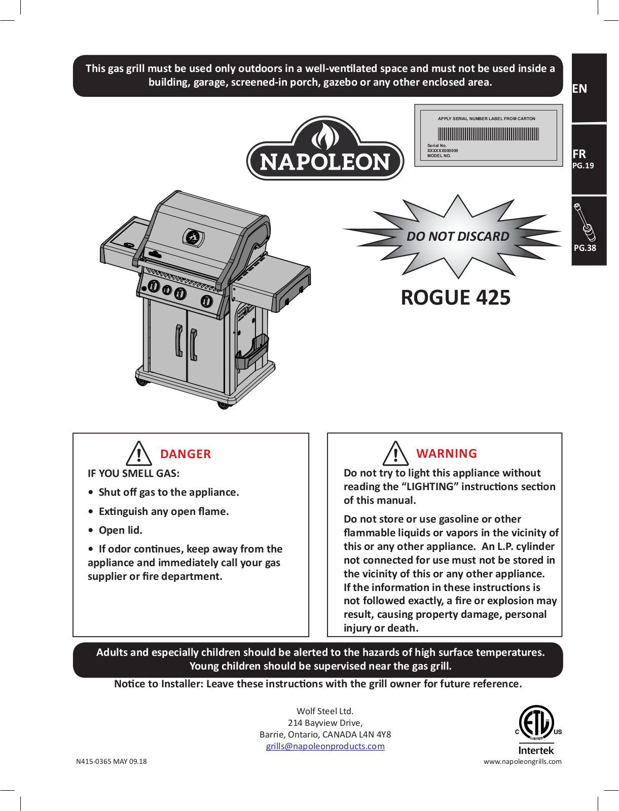 Napoleon R425SBNSS User Manual