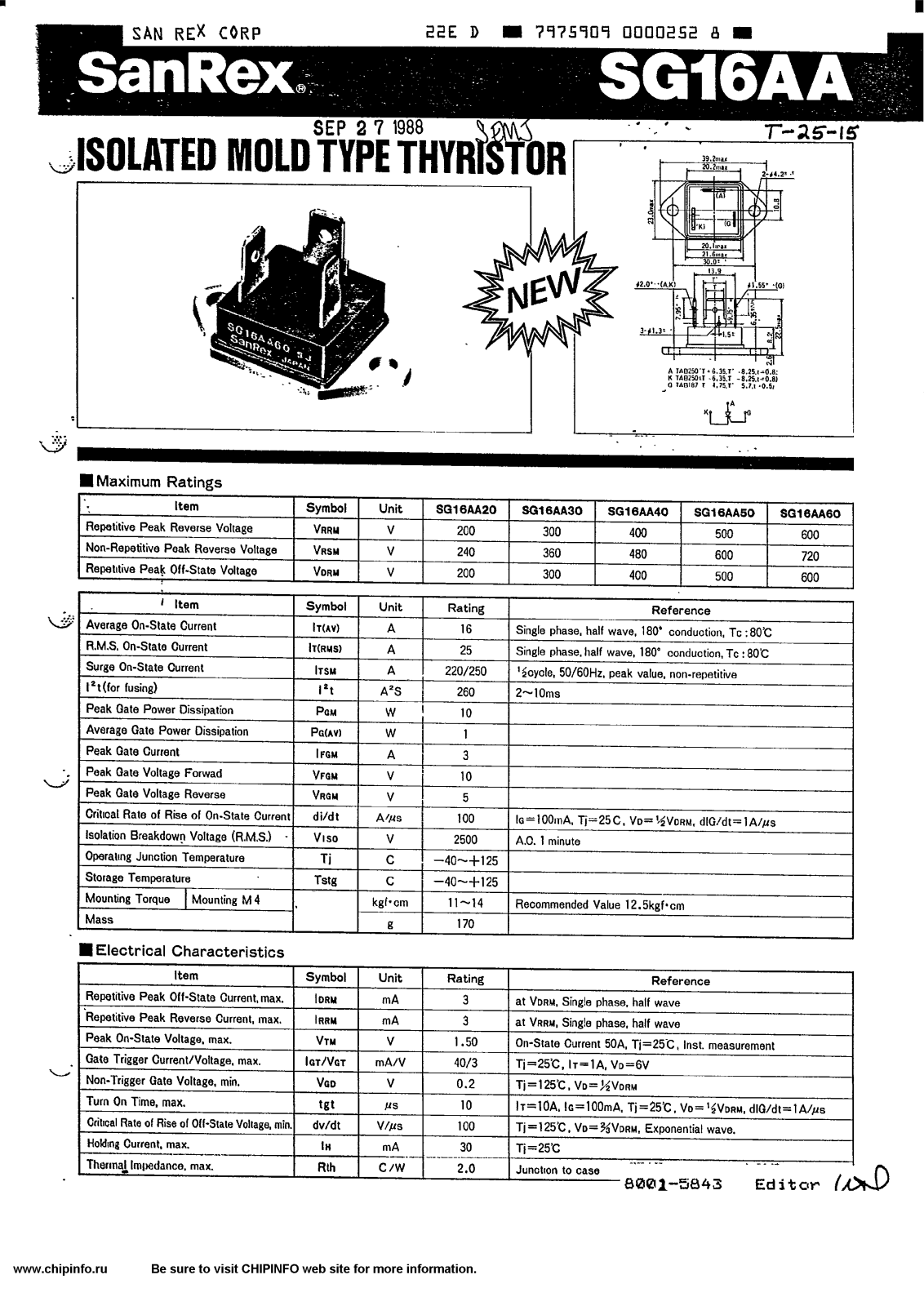 SanRex SG16AA40, SG16AA50, SG16AA60, SG16AA20, SG16AA30 Datasheet