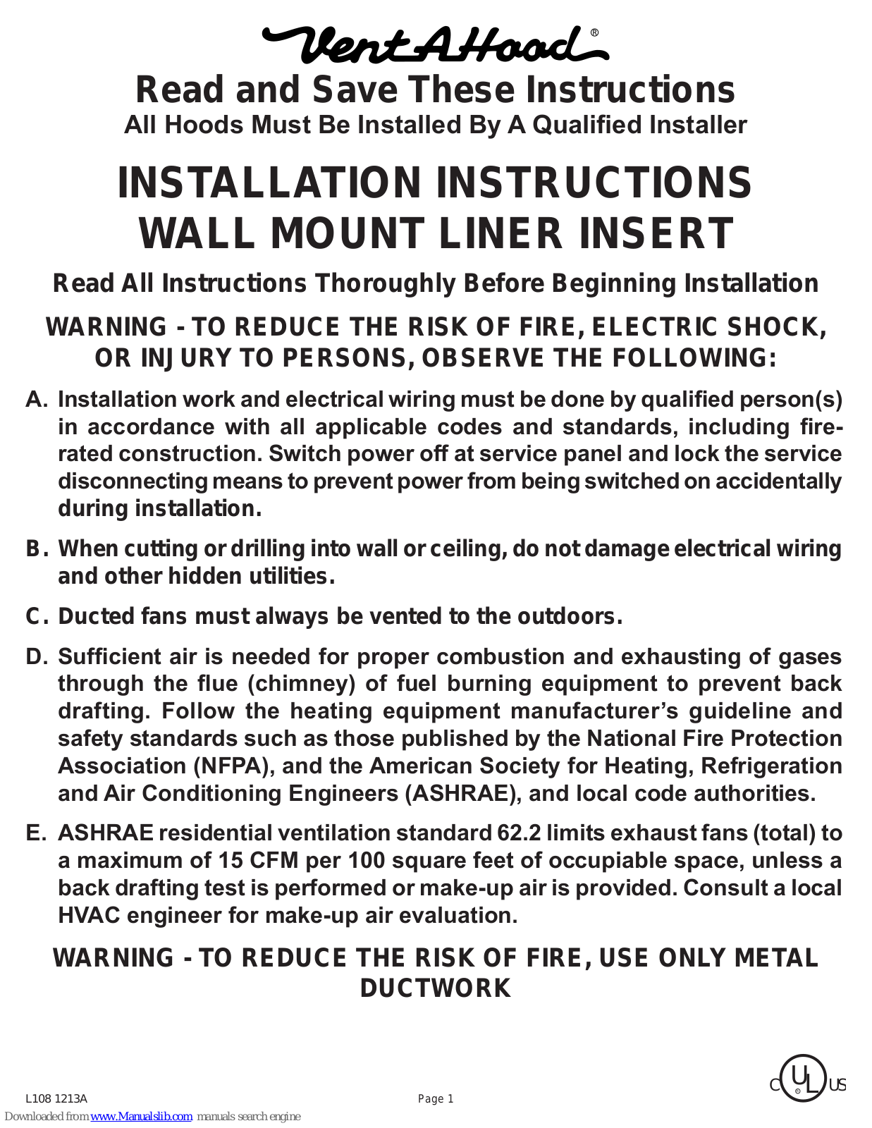 VentAHood VP555, VP539, VP540, VP541, VP552 Installation Instructions Manual