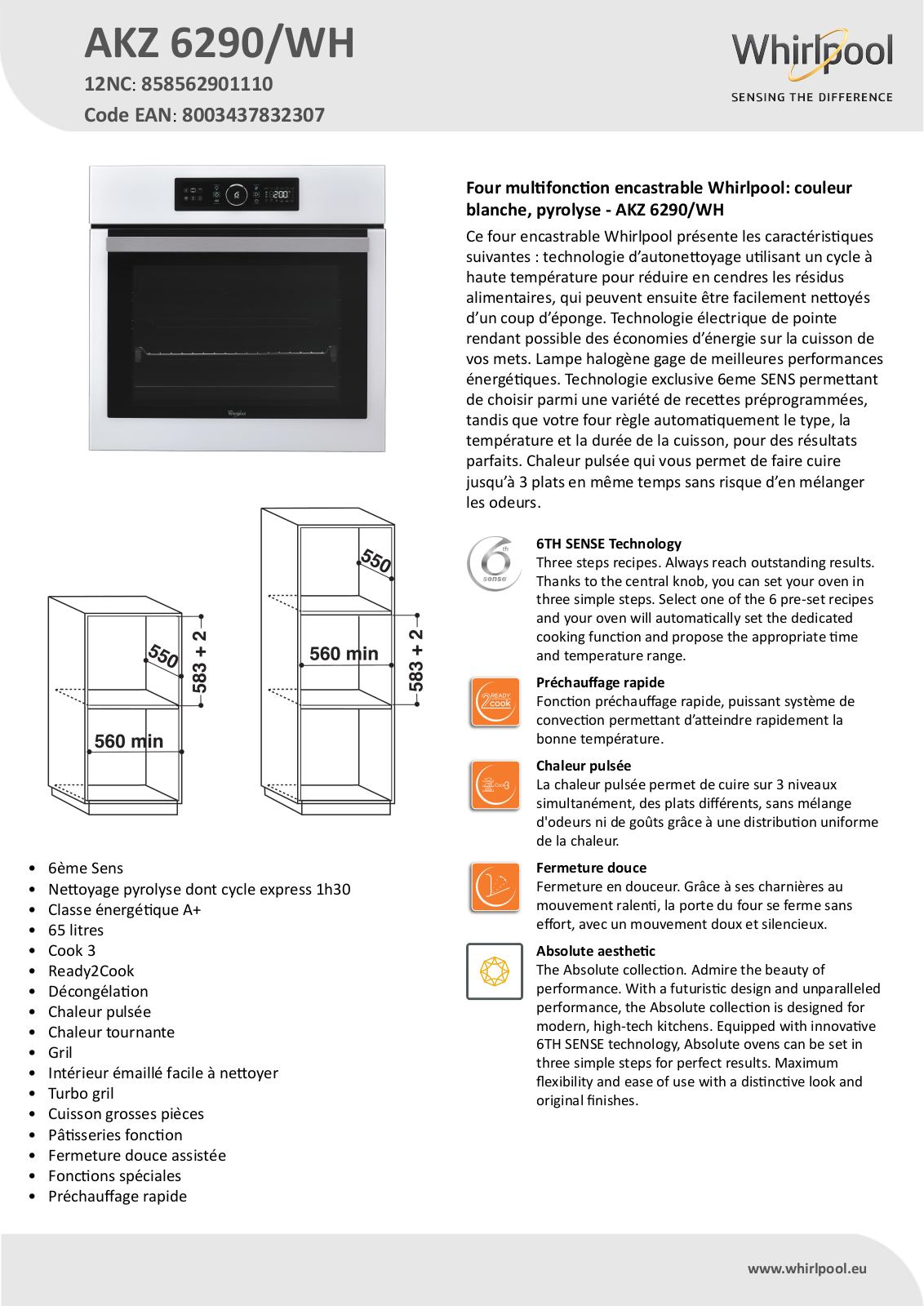 Whirlpool AKZ 6290/WH Product information