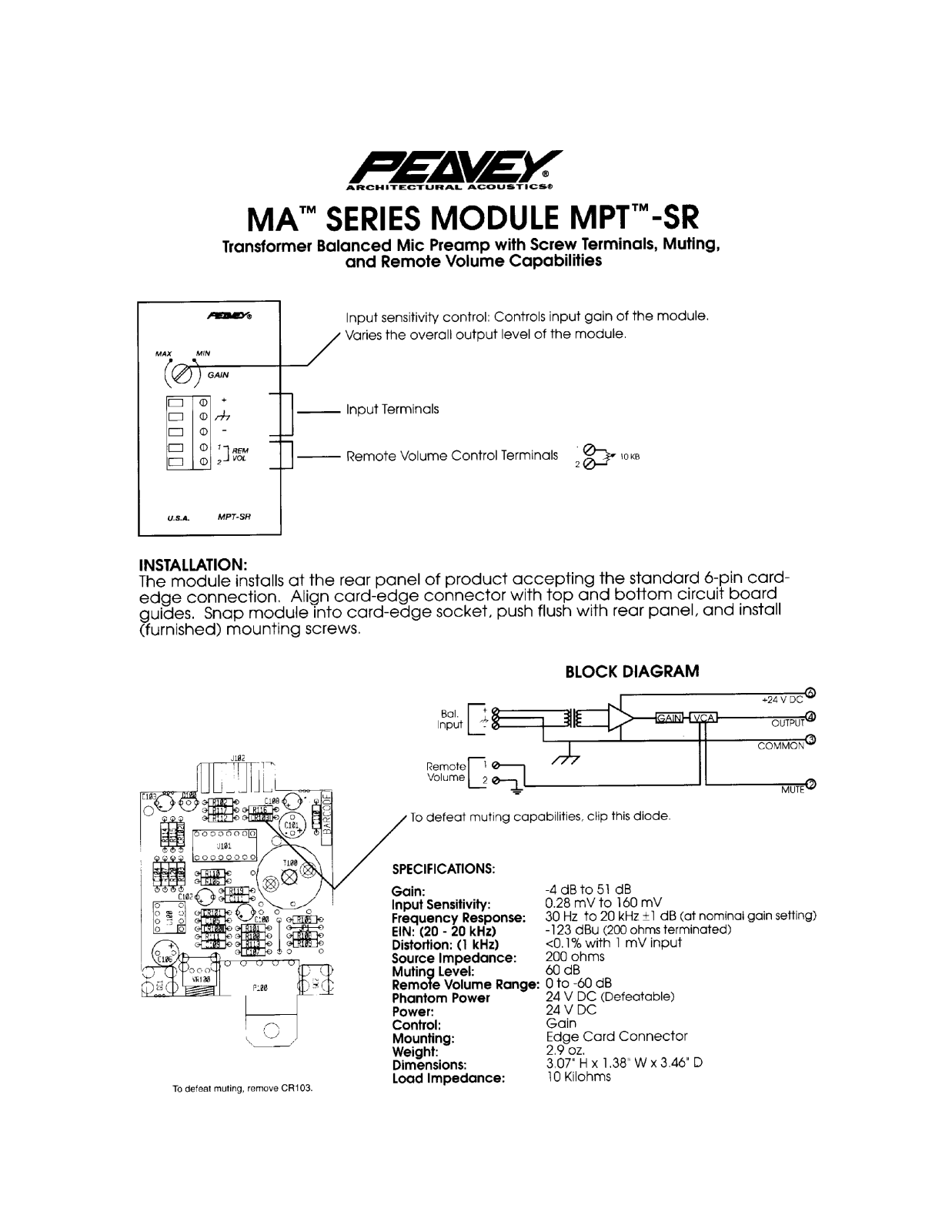 Peavey MA Series MODULE MPT-SR INSTALLATION GUIDE