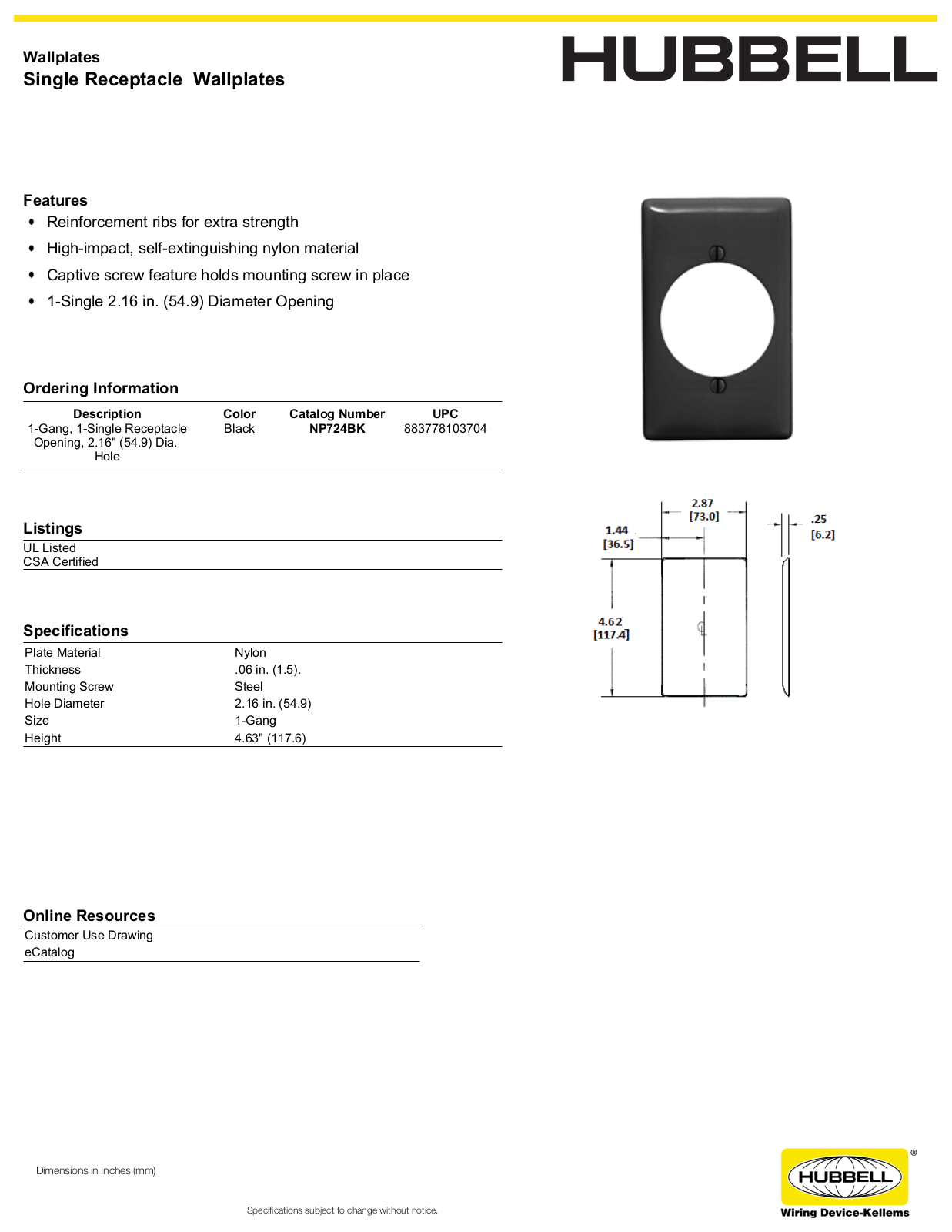 Hubbell NP724BK Specifications