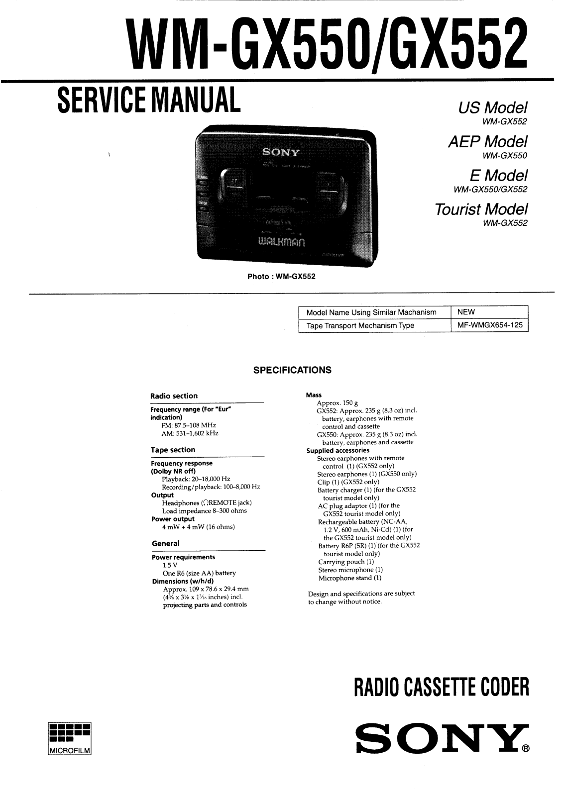 Sony WM-GX550, WM-GX552 Service manual