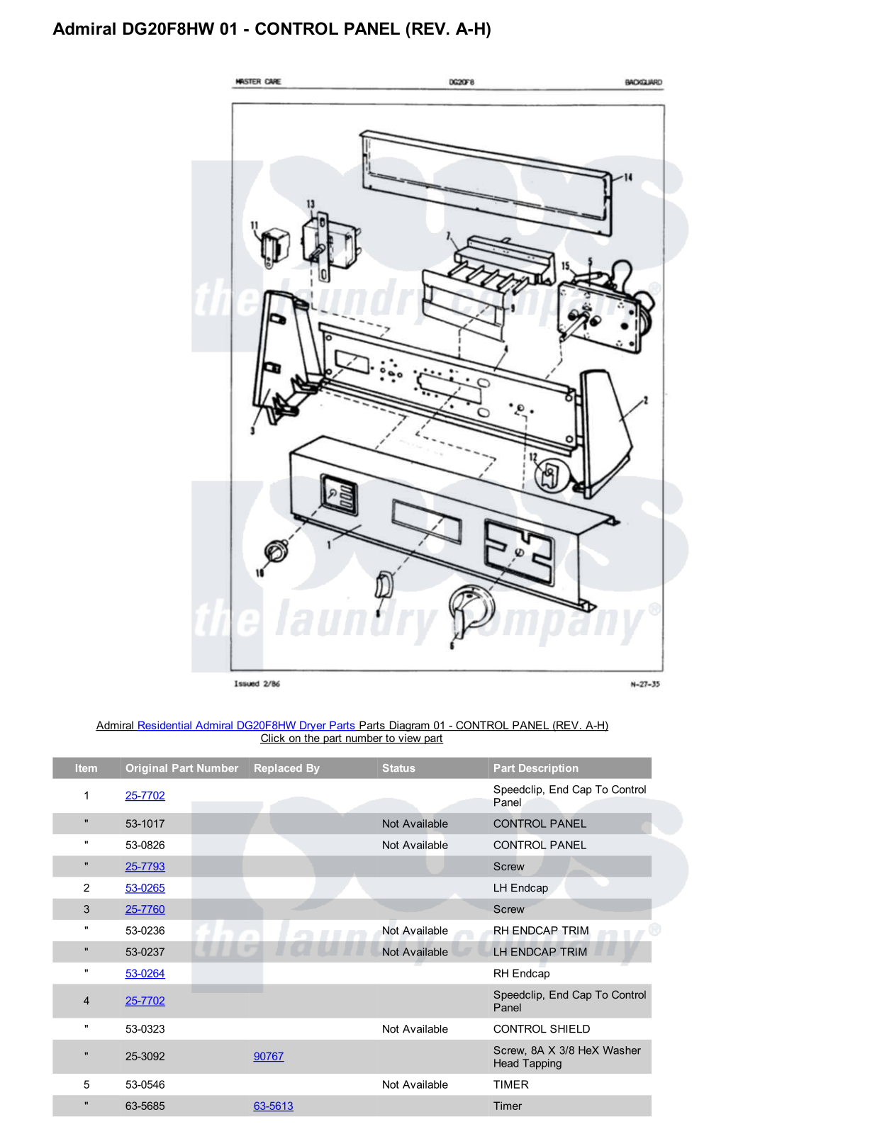 Admiral DG20F8HW Parts Diagram