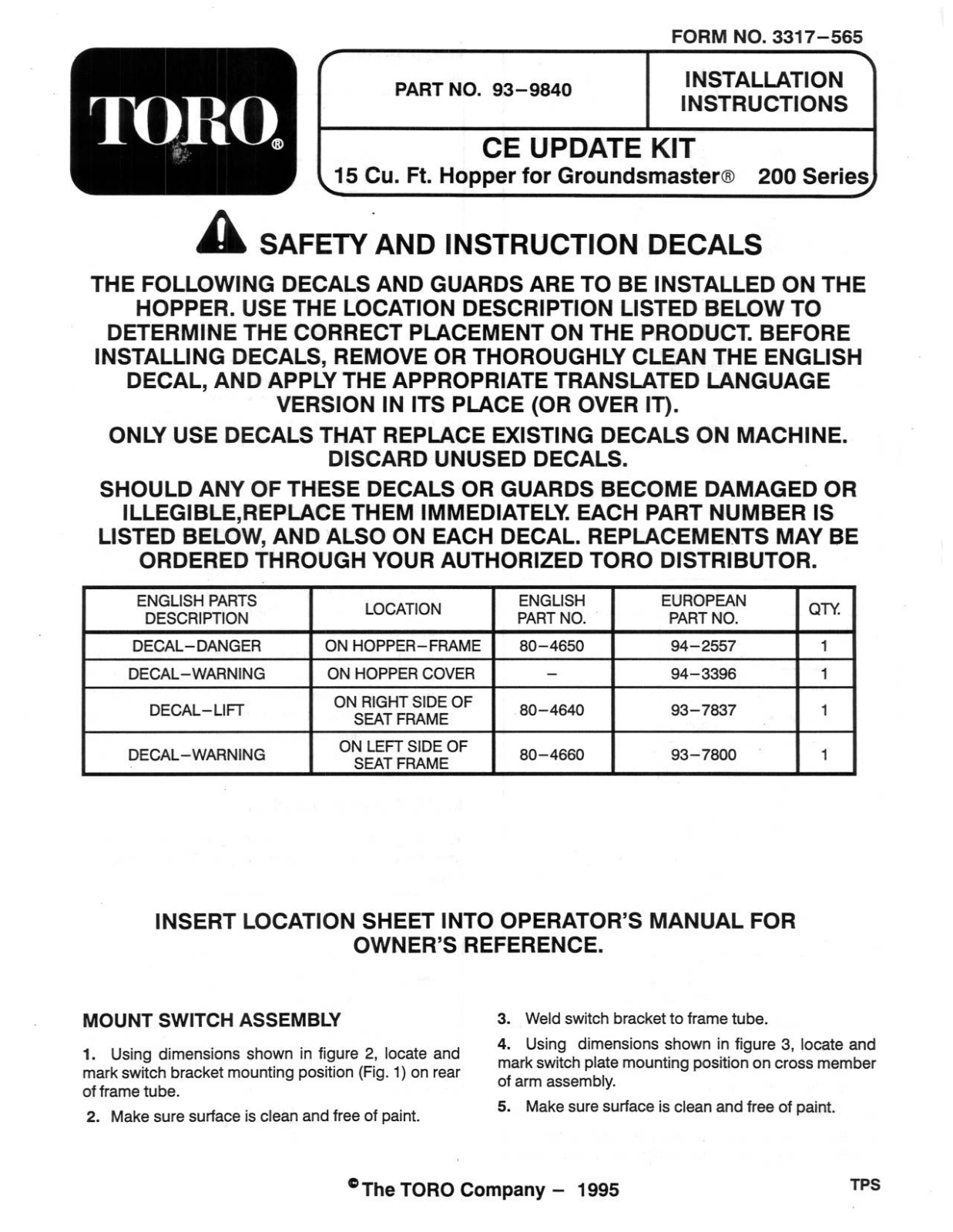 Toro 93-9840 Installation Instructions