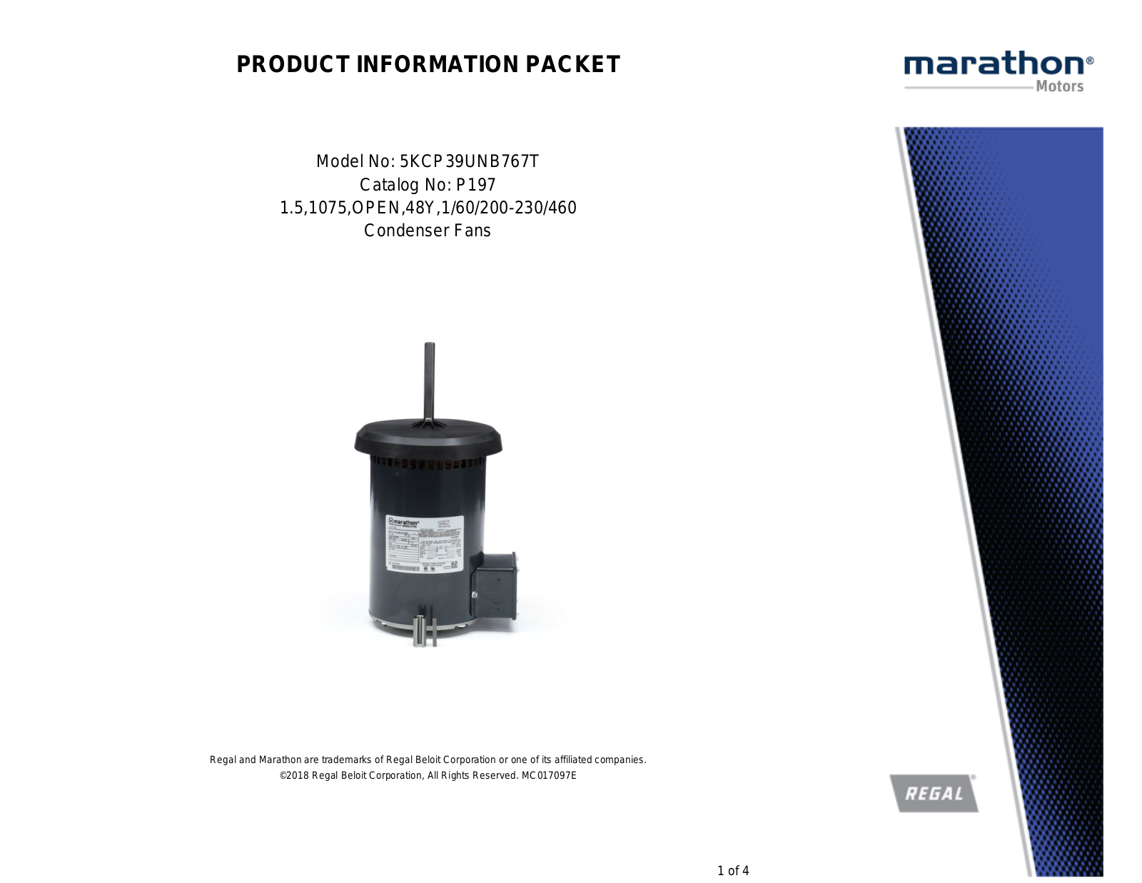 Marathon Electric 5KCP39UNB767T Product Information Packet