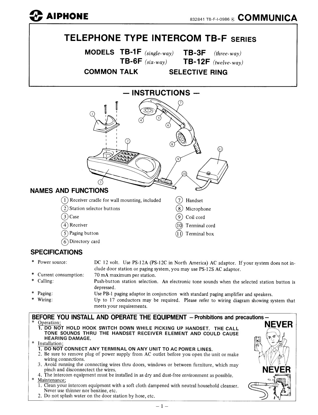 Aiphone TB-F INSTALLATION INSTRUCTIONS