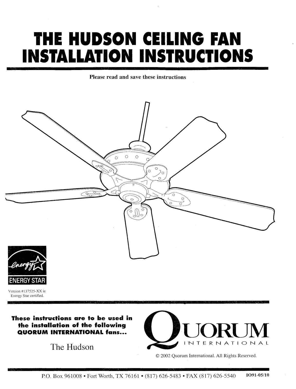 Quorum Hudson 137525 Series Installation Instructions Manual