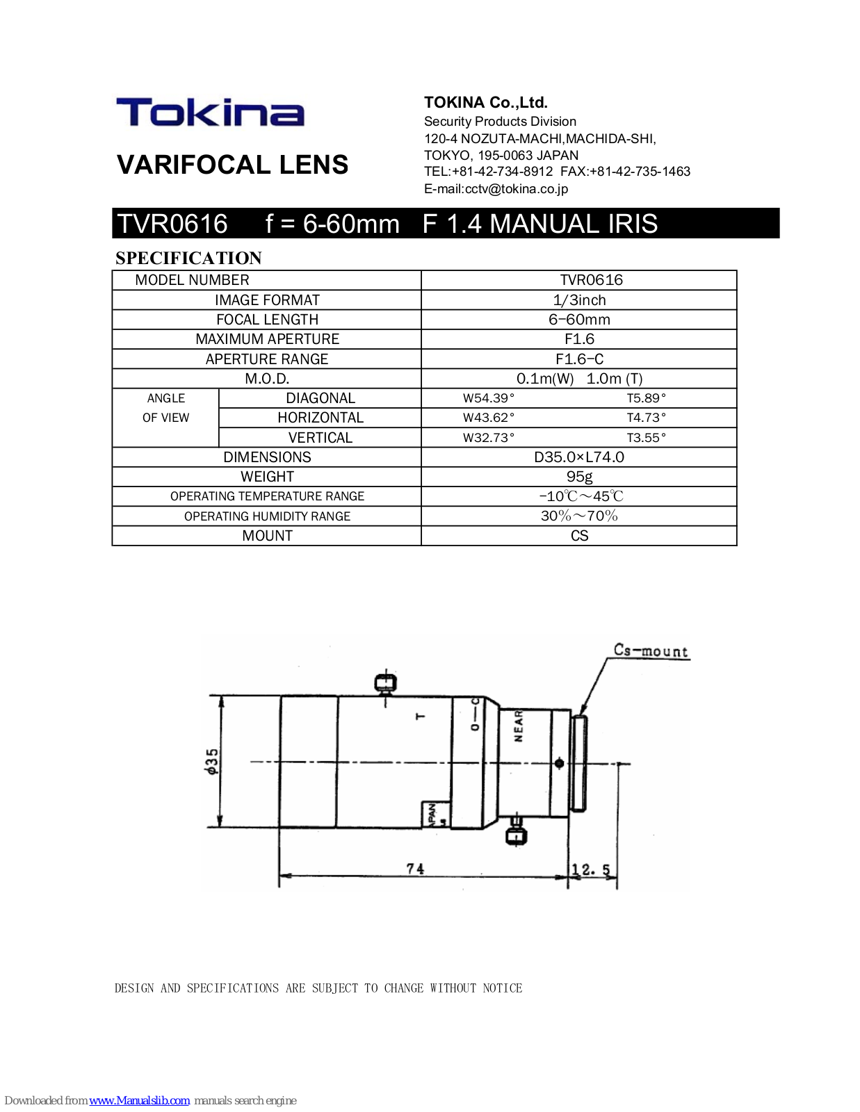 Tokina Varifocal Lens TVR0616 Specification